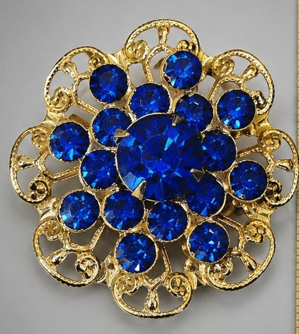 Vintage Blue Rhinestone Flower‎ Brooch Pin, Retro Gold-tone Shiny Pin fb1-122